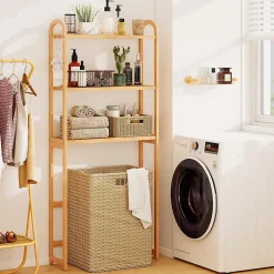 Giantex Meuble WC au-Dessus des Toilettes,en Bambou à 3 Niveaux avec 3 Crochets, Étagères et Barres à 3 Niveaux en Métal,71.5x25x166 cm* Etagère Salle De Bains