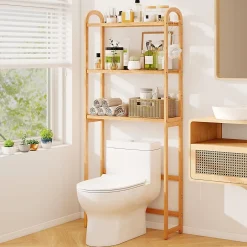 Giantex Meuble WC au-Dessus des Toilettes,en Bambou à 3 Niveaux avec 3 Crochets, Étagères et Barres à 3 Niveaux en Métal,71.5x25x166 cm* Etagère Salle De Bains