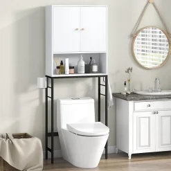 Giantex Meuble WC Au-Dessus des Toilettes Meuble de Salle De Bain avec Armoire à Double Porte Compartiment Ouvert Blanc