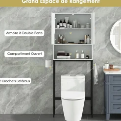 Giantex Meuble WC Au-Dessus des Toilettes Meuble de Salle De Bain avec Armoire à Double Porte Compartiment Ouvert Blanc