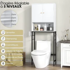 Giantex Meuble WC Au-Dessus des Toilettes Meuble de Salle De Bain avec Armoire à Double Porte Compartiment Ouvert Blanc
