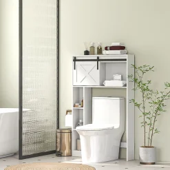 Homcom Meuble WC dessus de toilette meuble toilettes - porte coulissante, 6 compartiments - blanc* Meuble Wc
