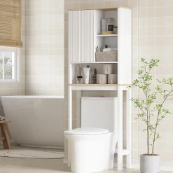Homcom Meuble WC dessus de toilette style bohème - porte coulissante, étagère, niche - effet bois clair blanc