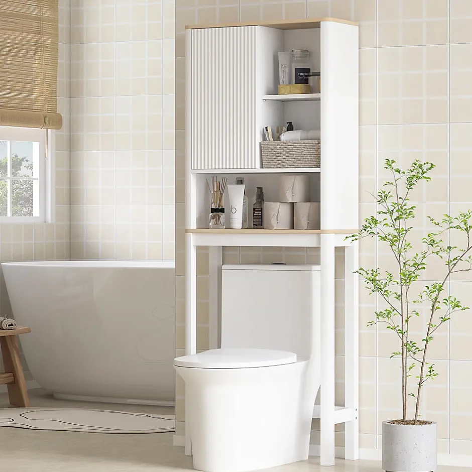 Homcom Meuble WC dessus de toilette style bohème - porte coulissante, étagère, niche - effet bois clair blanc