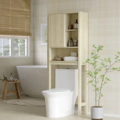 Homcom Meuble WC dessus de toilette style bohème - porte coulissante, étagère, niche - effet bois clair* Meuble Wc