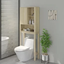 Homcom Meuble WC dessus de toilette style bohème - porte coulissante, étagère, niche - effet bois clair* Meuble Wc