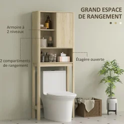 Homcom Meuble WC dessus de toilette style bohème - porte coulissante, étagère, niche - effet bois clair* Meuble Wc
