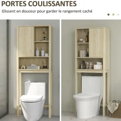 Homcom Meuble WC dessus de toilette style bohème - porte coulissante, étagère, niche - effet bois clair* Meuble Wc