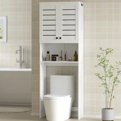 Homcom Meuble WC meuble dessus toilettes style classique chic 2 portes étagère niche blanc