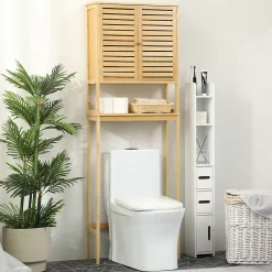 kleankin Meuble WC meuble dessus toilettes style cosy dim. 60L x 23l x 173H cm portes à lattes étagère bambou MDF aspect bois clair* Meuble Wc