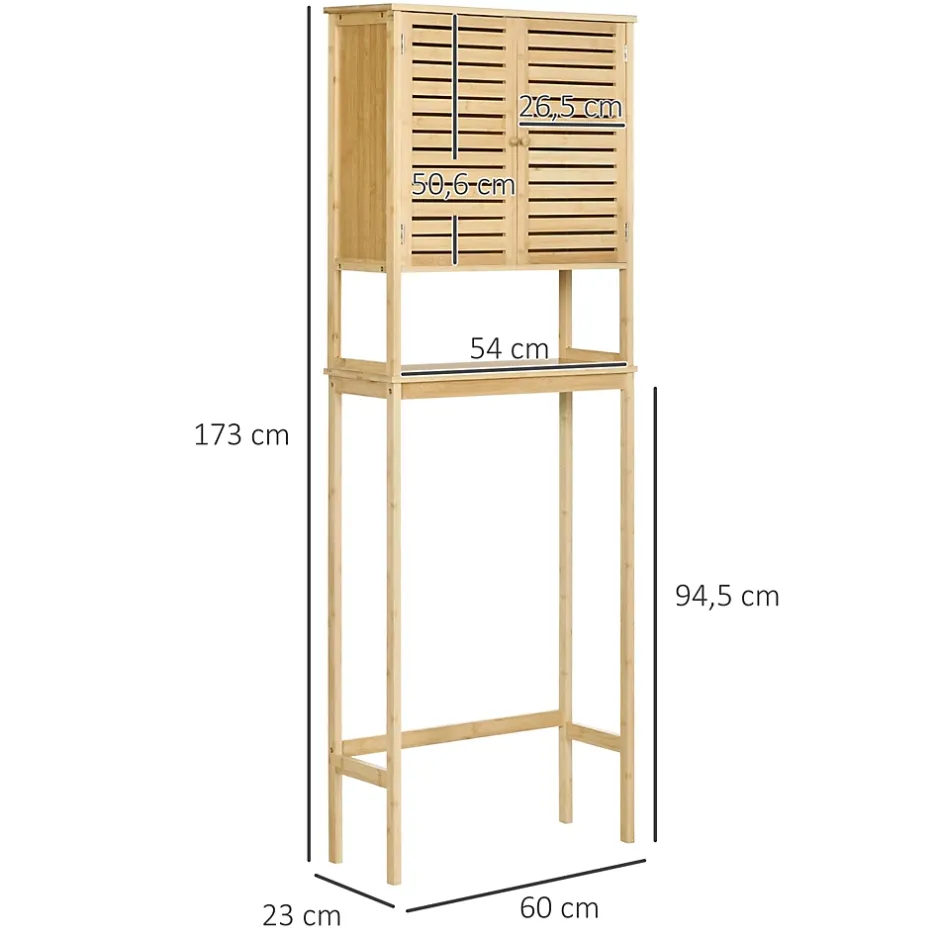 kleankin Meuble WC meuble dessus toilettes style cosy dim. 60L x 23l x 173H cm portes à lattes étagère bambou MDF aspect bois clair* Meuble Wc
