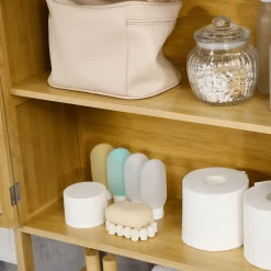 kleankin Meuble WC meuble dessus toilettes style cosy dim. 60L x 23l x 173H cm portes à lattes étagère bambou MDF aspect bois clair* Meuble Wc