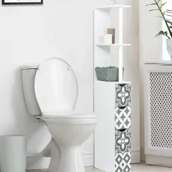 IDMarket Meuble WC étagère bois WILLY 3 portes blanc et motif carreaux de ciment gris