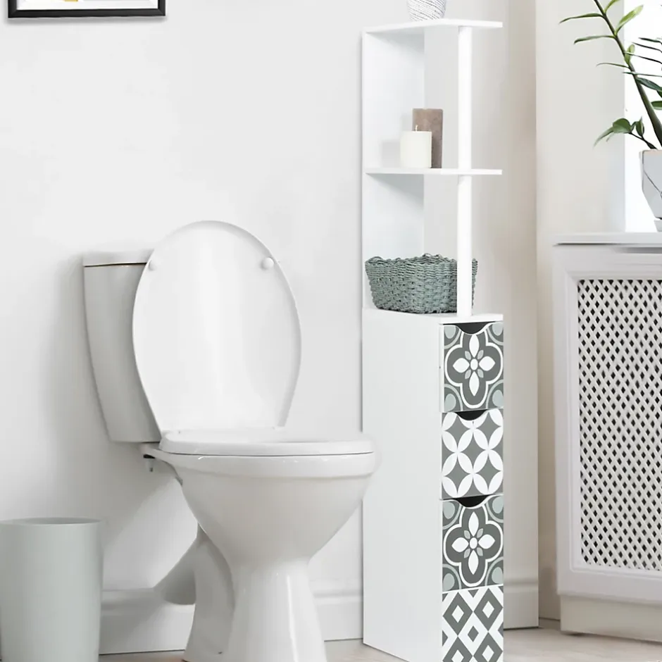 IDMarket Meuble WC étagère bois WILLY 3 portes blanc et motif carreaux de ciment gris