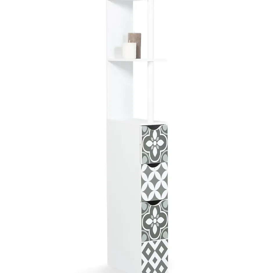IDMarket Meuble WC étagère bois WILLY 3 portes blanc et motif carreaux de ciment gris