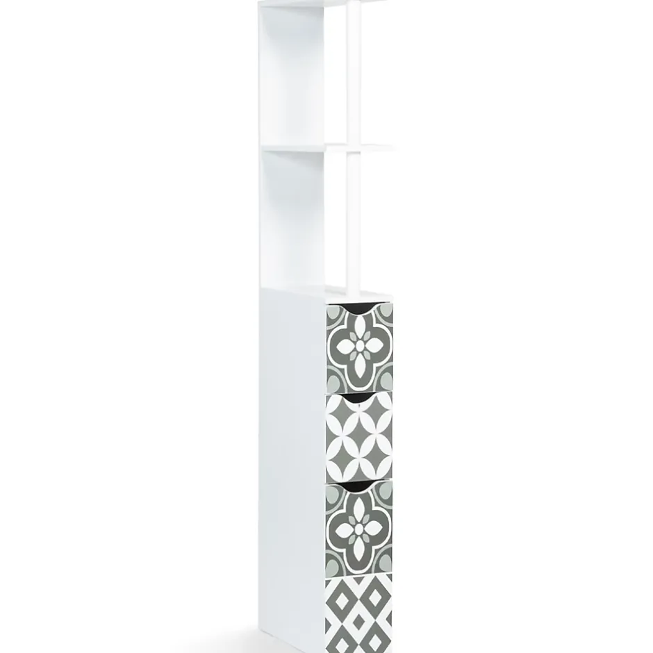 IDMarket Meuble WC étagère bois WILLY 3 portes blanc et motif carreaux de ciment gris