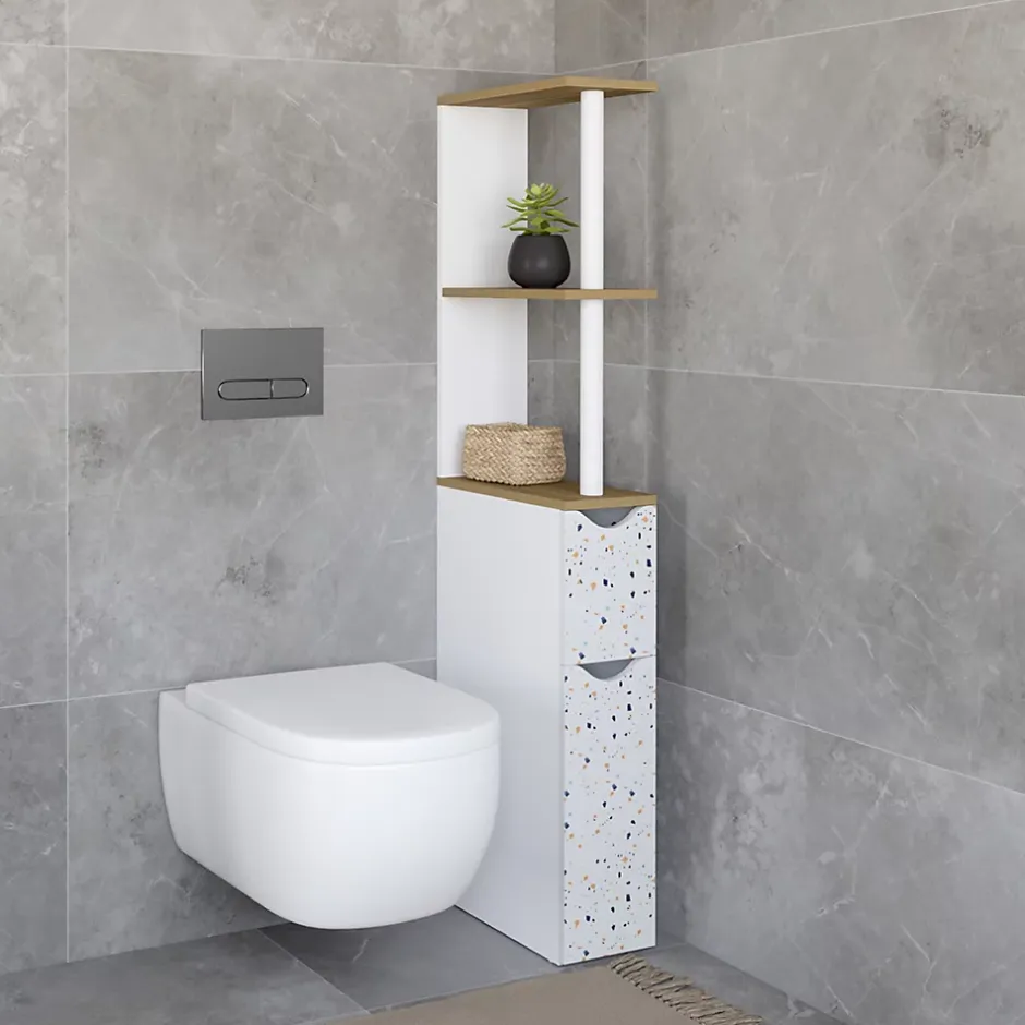 IDMarket Meuble WC étagère WILLY 2 portes motif terrazzo et hêtre