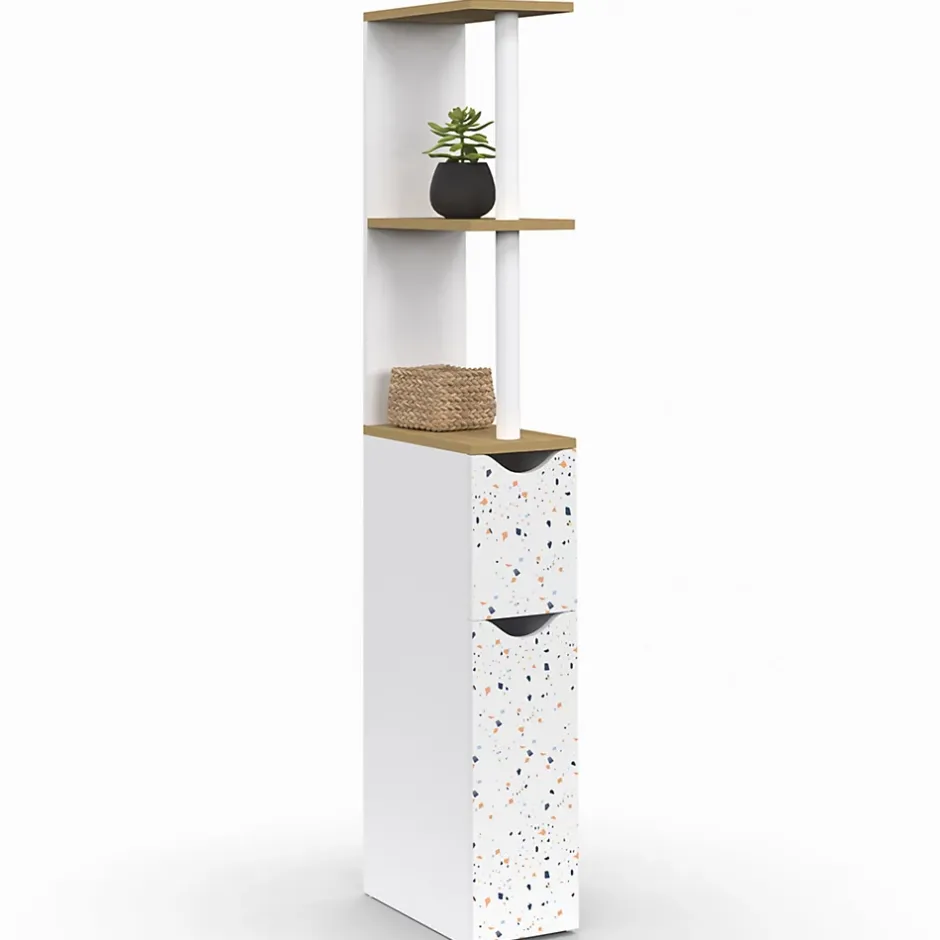 IDMarket Meuble WC étagère WILLY 2 portes motif terrazzo et hêtre