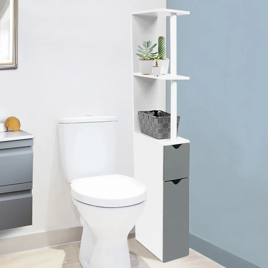 IDMarket Meuble WC étagère WILLY bois 2 portes blanc et gris* Meuble Wc|Meuble De Salle De Bains Faible Profondeur