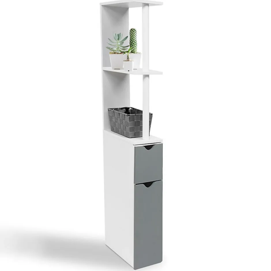 IDMarket Meuble WC étagère WILLY bois 2 portes blanc et gris* Meuble Wc|Meuble De Salle De Bains Faible Profondeur
