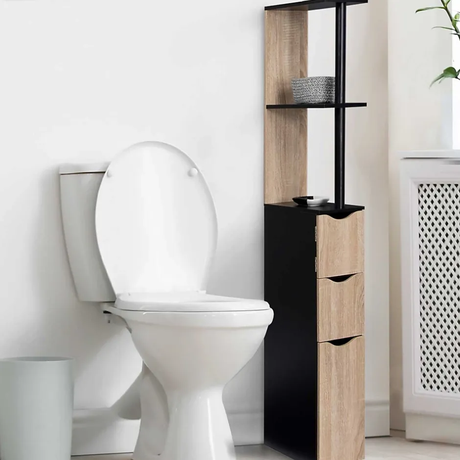 IDMarket Meuble WC étagère WILLY bois 3 portes noir et hêtre