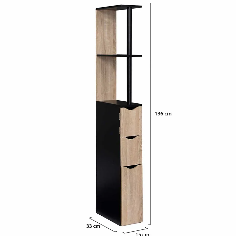 IDMarket Meuble WC étagère WILLY bois 3 portes noir et hêtre