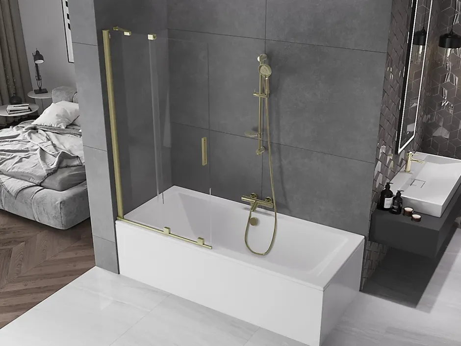Mexen Velar paroi de baignoire 2 volets coulissants 95 x 150 cm, transparent, doré brossé - 896-095-000-01-55