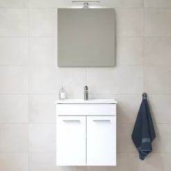 Vitra Mia ensemble meuble 59x61x39,5 cm avec porte, avec miroir, lavabo et éclairage LED, Blanc brillant (MIASETFP60B)* Lave-Mains