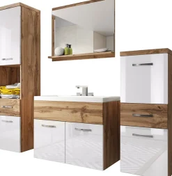 MINIO go for it , Set de meubles de salle de bains 4 pièces ALBECK, avec lavabo, blanc brillant / chêne wotan* Ensemble Meuble De Salle De Bains