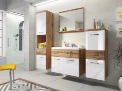 MINIO go for it , Set de meubles de salle de bains 4 pièces ALBECK, avec lavabo, blanc brillant / chêne wotan* Ensemble Meuble De Salle De Bains