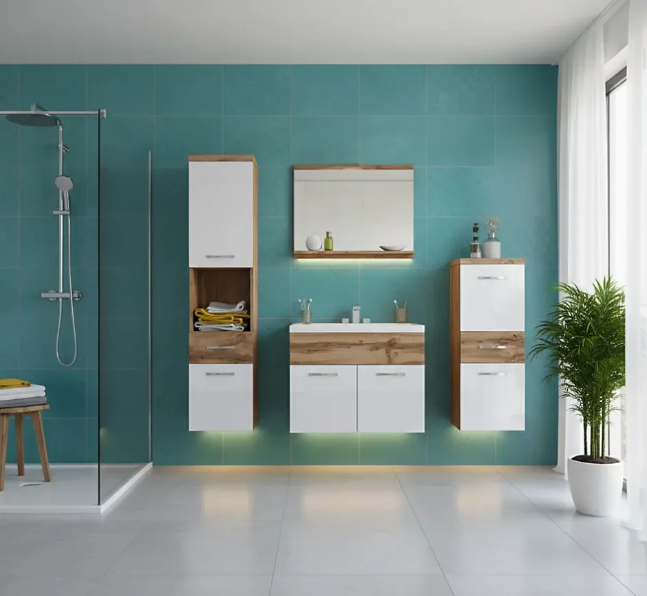 MINIO go for it , Set de meubles de salle de bains 4 pièces ALBECK, avec lavabo, blanc brillant / chêne wotan* Ensemble Meuble De Salle De Bains