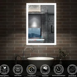 AICA Sanitaire Miroir de salle de bain 50x70cm LED tricolore anti-buée + mémoire + dimmable,