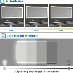 AICA Sanitaire Miroir de salle de bain 50x70cm LED tricolore anti-buée + mémoire + dimmable,