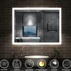 AICA Sanitaire Miroir de salle de bain 80x60cm LED tricolore anti-buée + mémoire + dimmable,* Miroir Lumineux