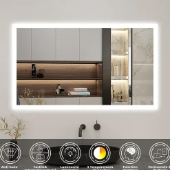 AICA Sanitaire Miroir de salle de bain 80x60cm LED tricolore anti-buée + mémoire + dimmable,* Miroir Lumineux