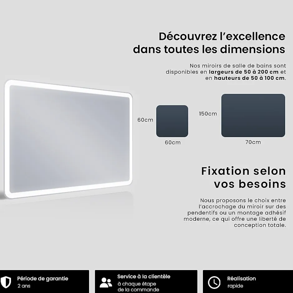 Artforma Miroir avec LED Illumination Salle de Bain - Naomi, 100x80 cm, Miroir Mural Avec Éclairage, Blanc Froid 7000K