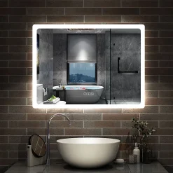 AICA Sanitaire Miroir Bluetooth 80x60 cm, tricolore + horloge + mémoire + dimmable + anti-buée, miroir LED étanche IP44,* Miroir Lumineux