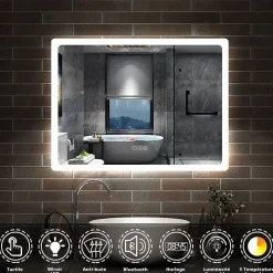 AICA Sanitaire Miroir Bluetooth 80x60 cm, tricolore + horloge + mémoire + dimmable + anti-buée, miroir LED étanche IP44,* Miroir Lumineux