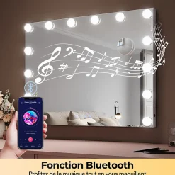 Sirhona Miroir de Maquillage Éclairage LED 80x60x10 cm + Bluetooth + Loupe 10X + Port USB + Température à Tricolore