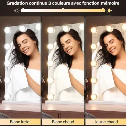 Sirhona Miroir de Maquillage Éclairage LED 80x60x10 cm + Bluetooth + Loupe 10X + Port USB + Température à Tricolore