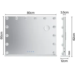 Sirhona Miroir de Maquillage Éclairage LED 80x60x10 cm + Bluetooth + Loupe 10X + Port USB + Température à Tricolore