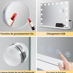 Sirhona Miroir de Maquillage Éclairage LED 58x46x10 cm + Bluetooth + Loupe 10X + Port USB + Température à Tricolore* Miroir Grossissant Lumineux