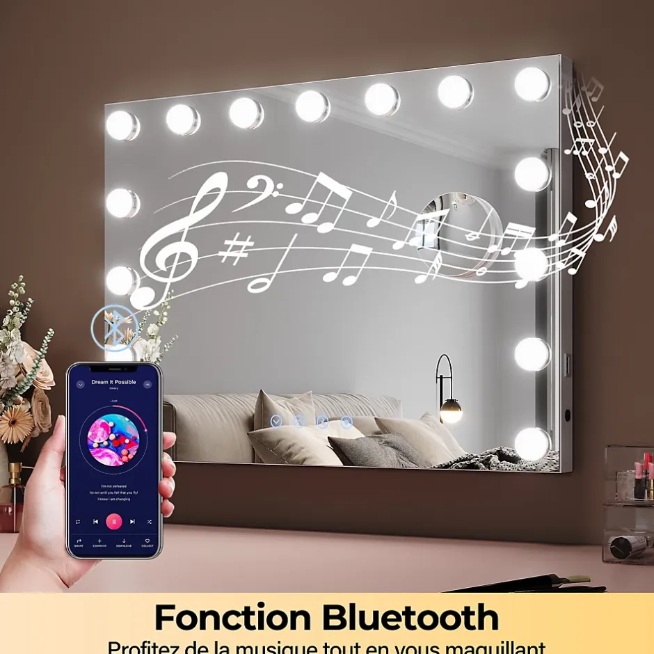Sirhona Miroir de Maquillage Éclairage LED 58x46x10 cm + Bluetooth + Loupe 10X + Port USB + Température à Tricolore* Miroir Grossissant Lumineux