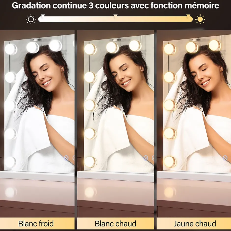 Sirhona Miroir de Maquillage Éclairage LED 58x46x10 cm + Bluetooth + Loupe 10X + Port USB + Température à Tricolore* Miroir Grossissant Lumineux