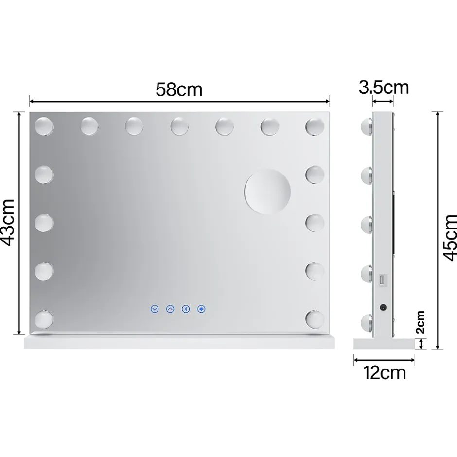 Sirhona Miroir de Maquillage Éclairage LED 58x46x10 cm + Bluetooth + Loupe 10X + Port USB + Température à Tricolore* Miroir Grossissant Lumineux