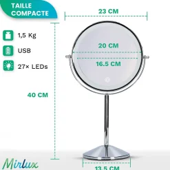 Mirlux Miroir De Maquillage Lumineux LED Rechargeable Chrome, grossissement 1-10x* Miroir Grossissant Lumineux