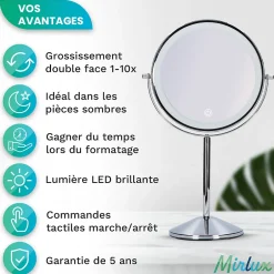 Mirlux Miroir De Maquillage Lumineux LED Rechargeable Chrome, grossissement 1-10x* Miroir Grossissant Lumineux