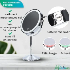 Mirlux Miroir De Maquillage Lumineux LED Rechargeable Chrome, grossissement 1-10x* Miroir Grossissant Lumineux