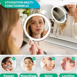 Mirlux Miroir De Maquillage Lumineux LED Rechargeable Chrome, grossissement 1-10x* Miroir Grossissant Lumineux