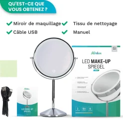 Mirlux Miroir De Maquillage Lumineux LED Rechargeable Chrome, grossissement 1-10x* Miroir Grossissant Lumineux